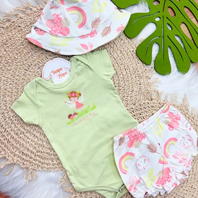 Conj. Body a Beautiful Day, Bucket e Short Frutinhas - Verde e Off White